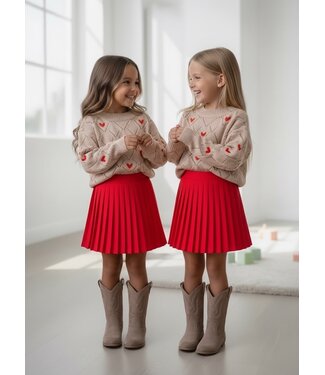 Sweetheart Sweater & Pleated Skirt Set – Beige/Red
