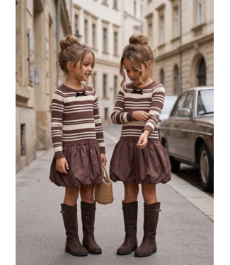 Striped Bow Balloon Dress – Marron  (Verzenddatum 17 sept)