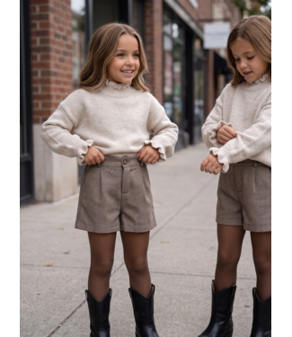 Ruffle Knit & Herringbone Short Set – Beige