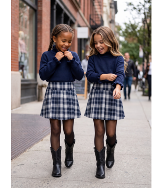 Navy Ruffle Knit & Check Skirt Set