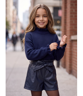 Navy Ruffle Knit & Leatherlook Short Set