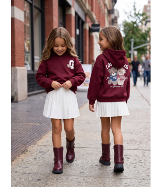 College Teddy Hoodie & Pleated Skirt Set – Bordeaux