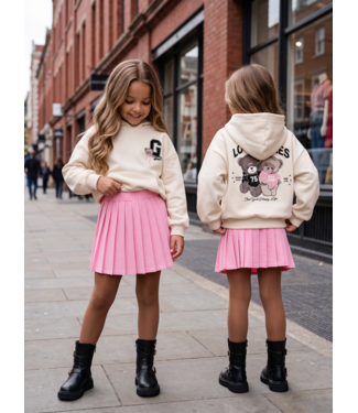 College Teddy Hoodie & Pleated Skirt Set – Cream/Pink
