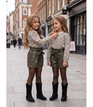 Flower Blouse & Leatherlook Short Set – Khaki