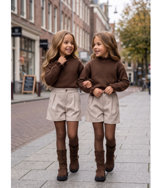 Ruffle Knit Sweater & Herringbone Short Set – Marron/Beige