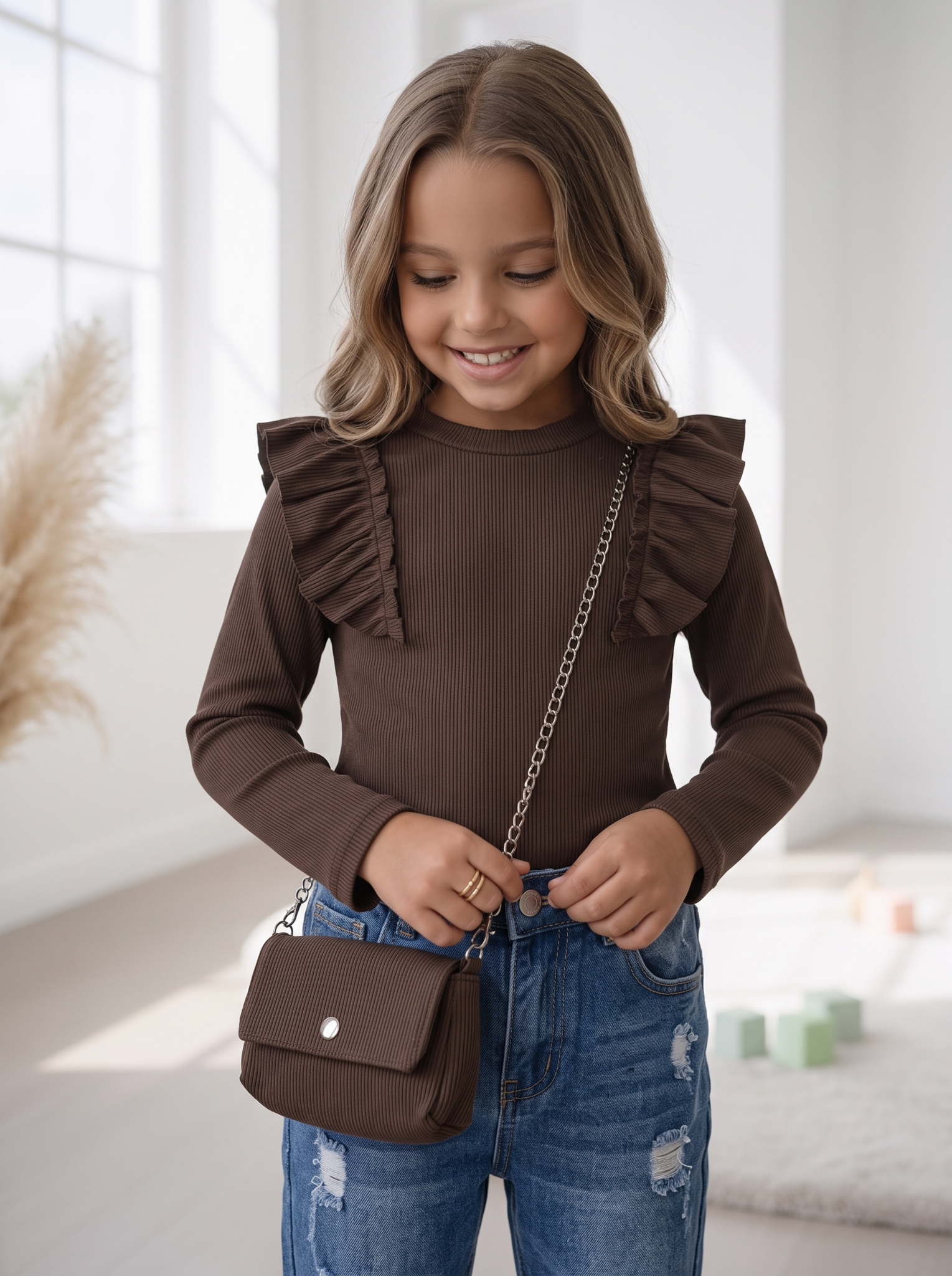 Ruffle Rib Top & Tasje - Marron
