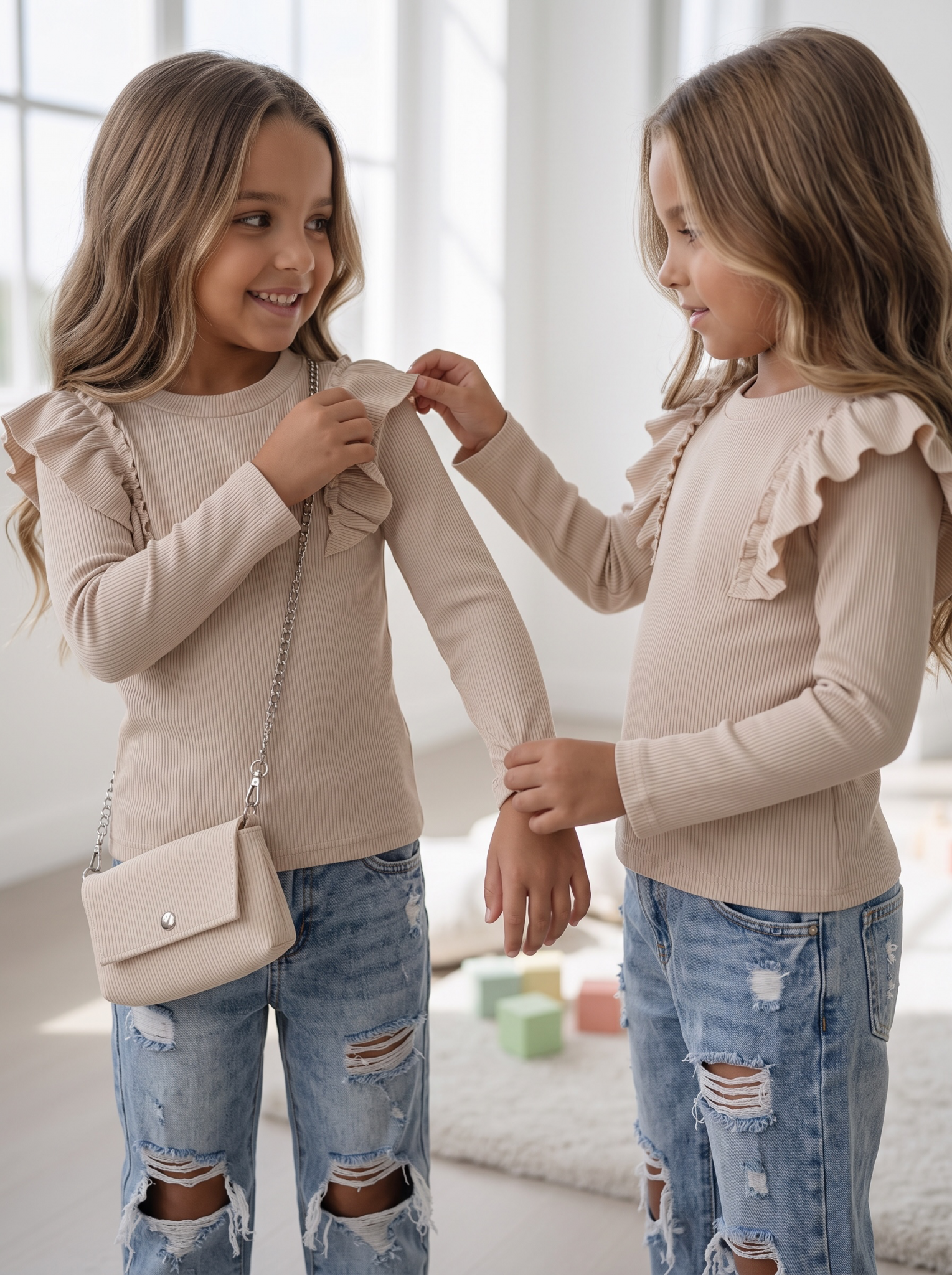 Ruffle Rib Top & Tasje - Beige