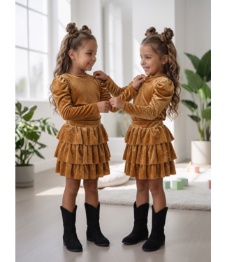 Sparkle Velvet Top & Ruffle Skirt Set – Camel
