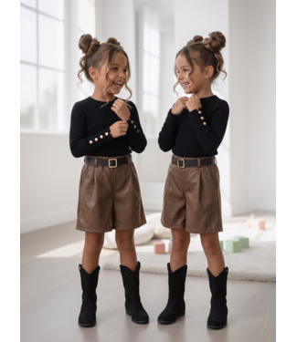 Button Rib Top & Leatherlook Short Set – Marron (verzenddatum 24 sept)