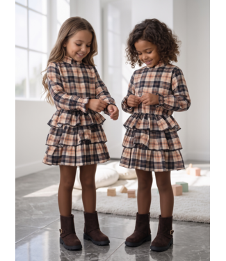 Tartan Ruffle Dress – Camel (Verzenddatum 24 sept)