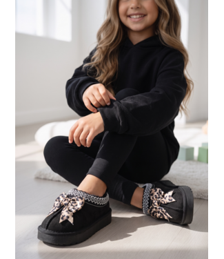 Furry Leopard Bow Sliders - Zwart