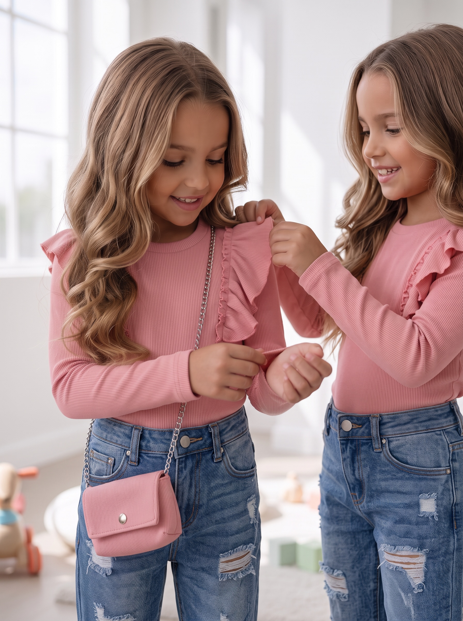 Ruffle Rib Top & Tasje - Roze