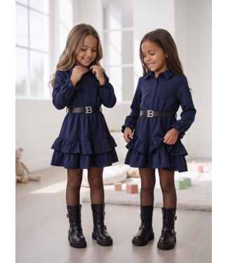 Belted Ruffle Dress – Navy