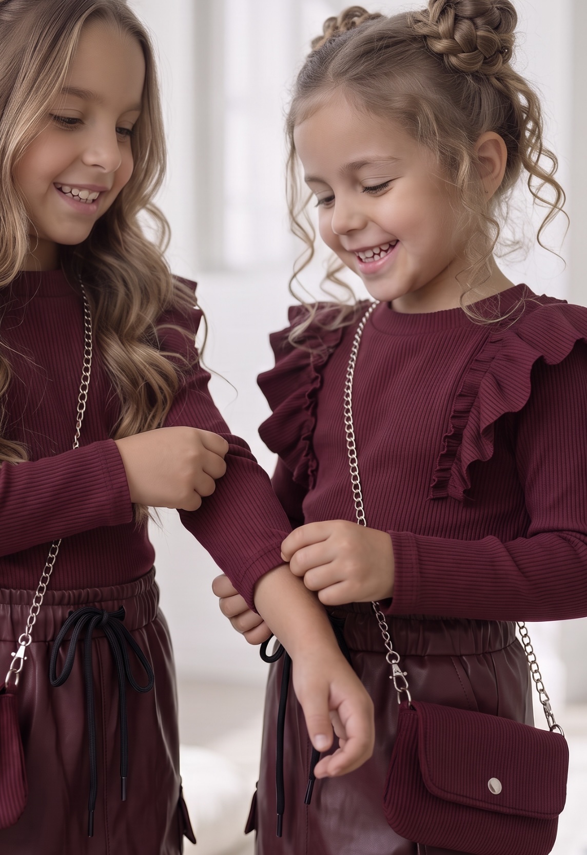 Ruffle Rib Top & Tasje - Bordeaux