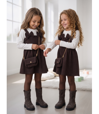 Bow Pinafore Dress Set – Marron