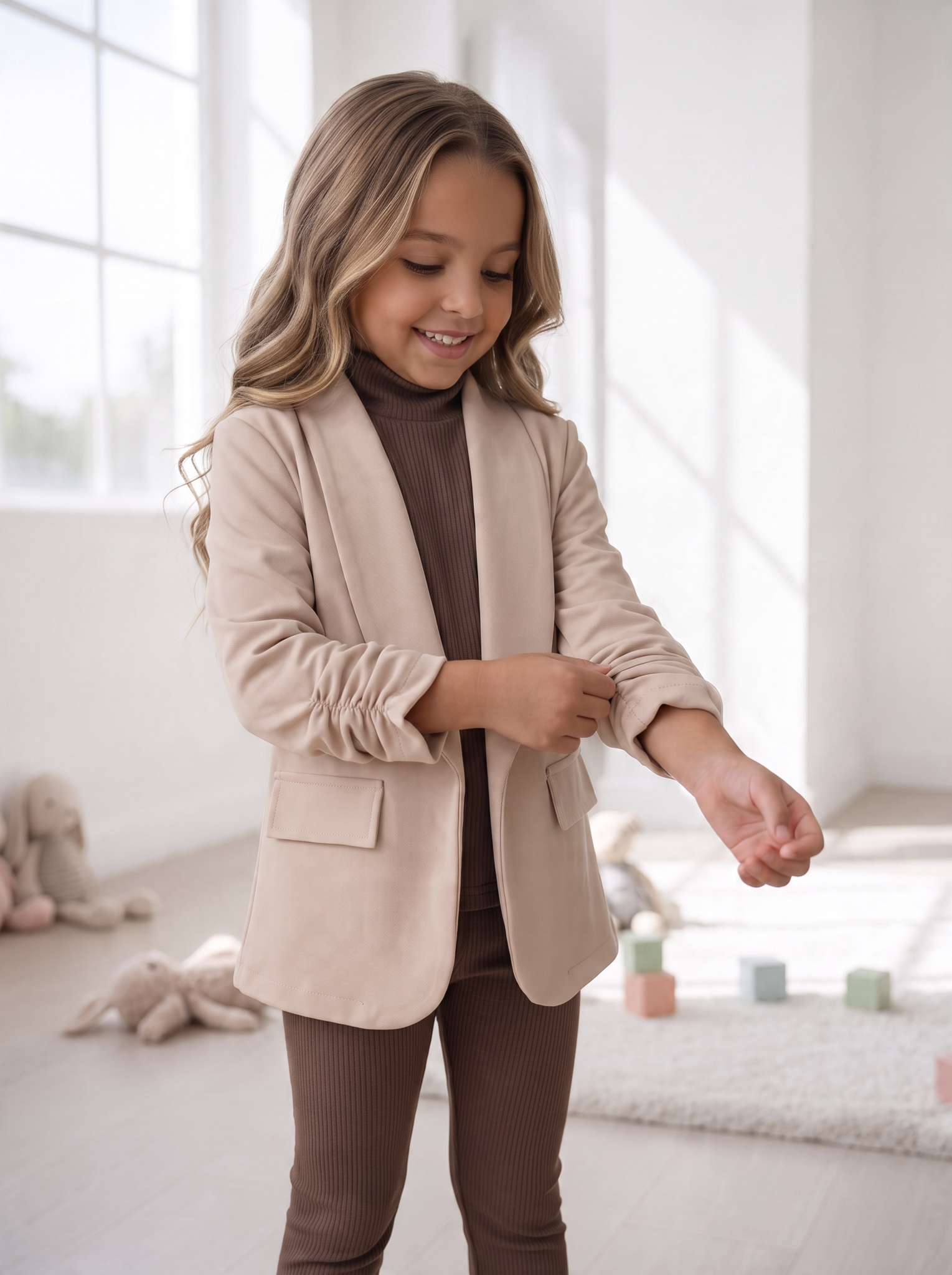 Ruched Sleeve Blazer – Beige