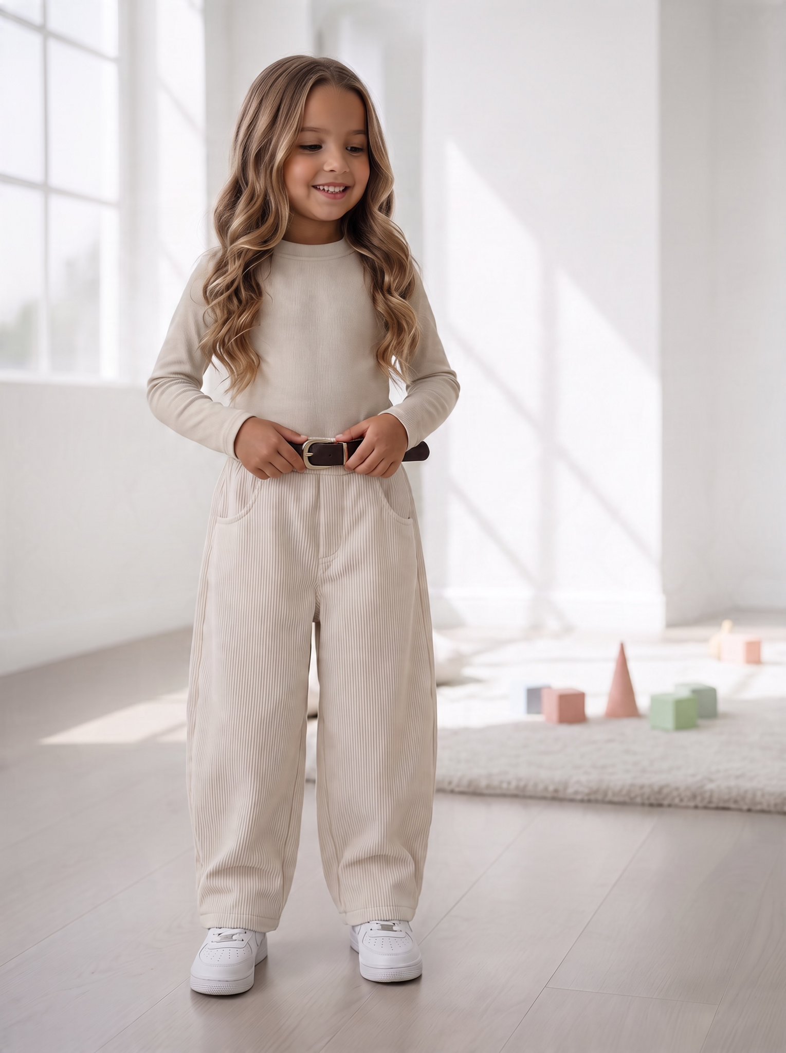 Mila Corduroy Balloon Broek met Riem - Beige