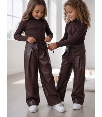 Bruine Leatherlook Wide Leg Broek met Strik