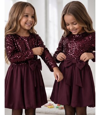 Sequin Bow Balloon Dress - Bordeaux