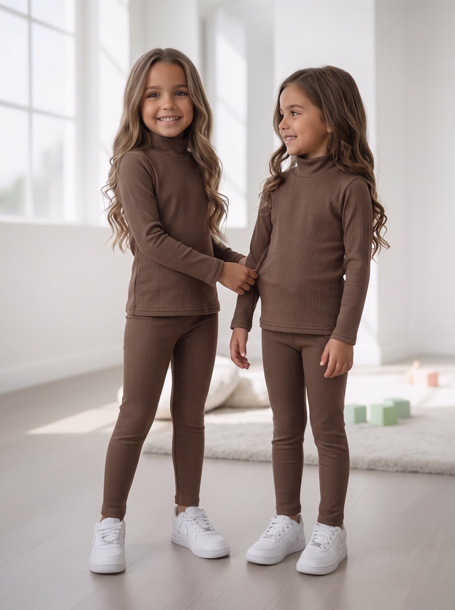 Soft Rib Col & Legging Set – Licht Bruin