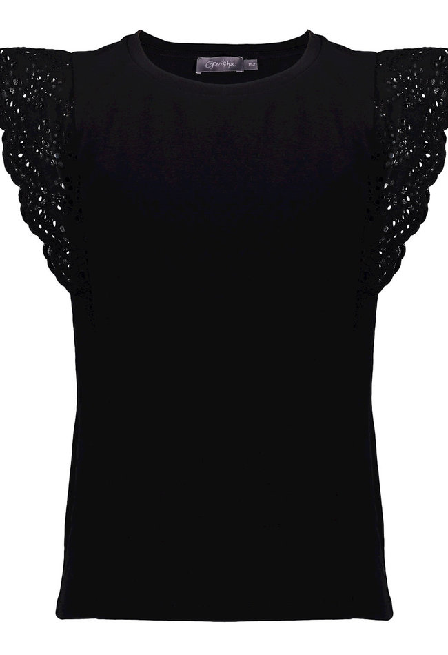 Geisha Geisha shirt 22361K-25-999 black broderie anglaise mouwen