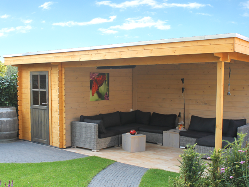 domesticeren pauze bekken Doetinchem blokhut met overkapping plat dak 150 cm x 250 cm + 400 cm -  Tuinbeurs Nederland