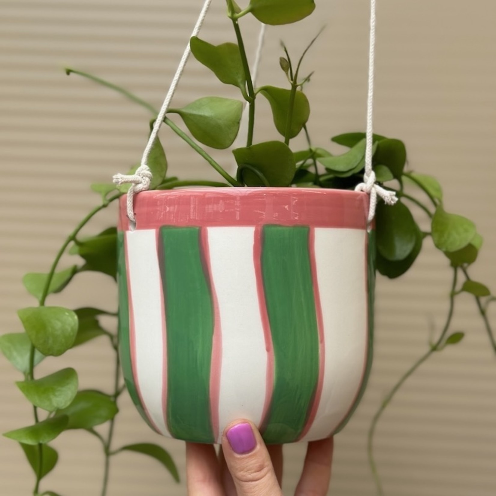 Hangpot met touw -  groen/roze