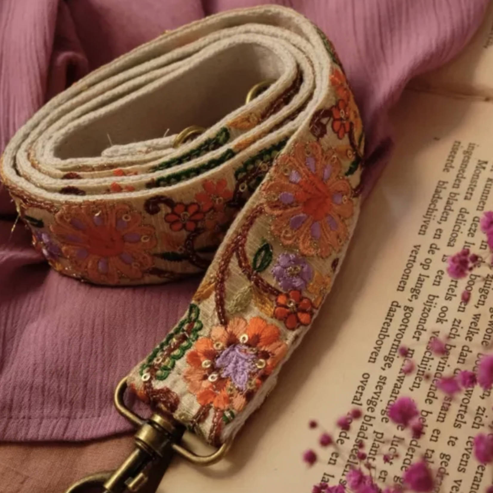 Handgemaakte straps - lila en oranje bloemen