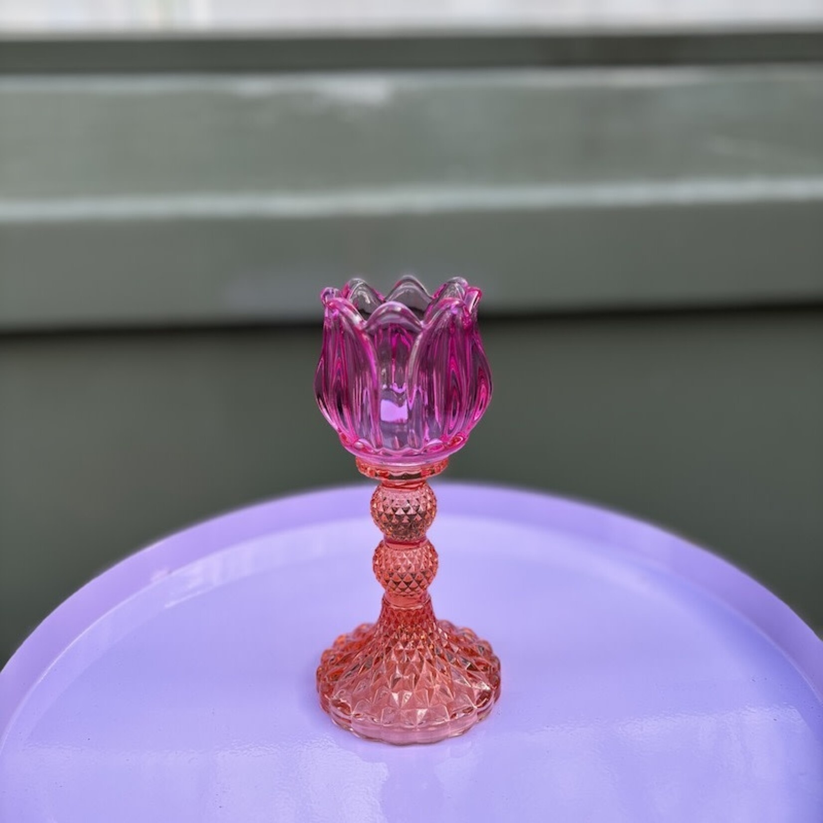 Daan Kromhout Theelichthouder - tulp - neon fuchsia glas - L