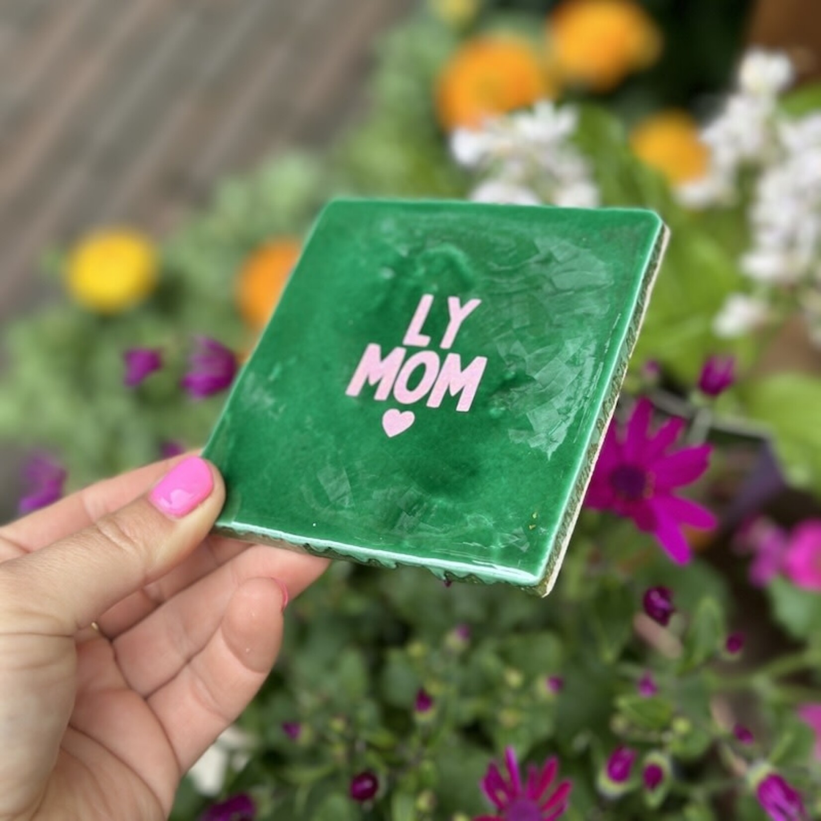Bludd Tegeltje - LY mom, groen met roze glitter