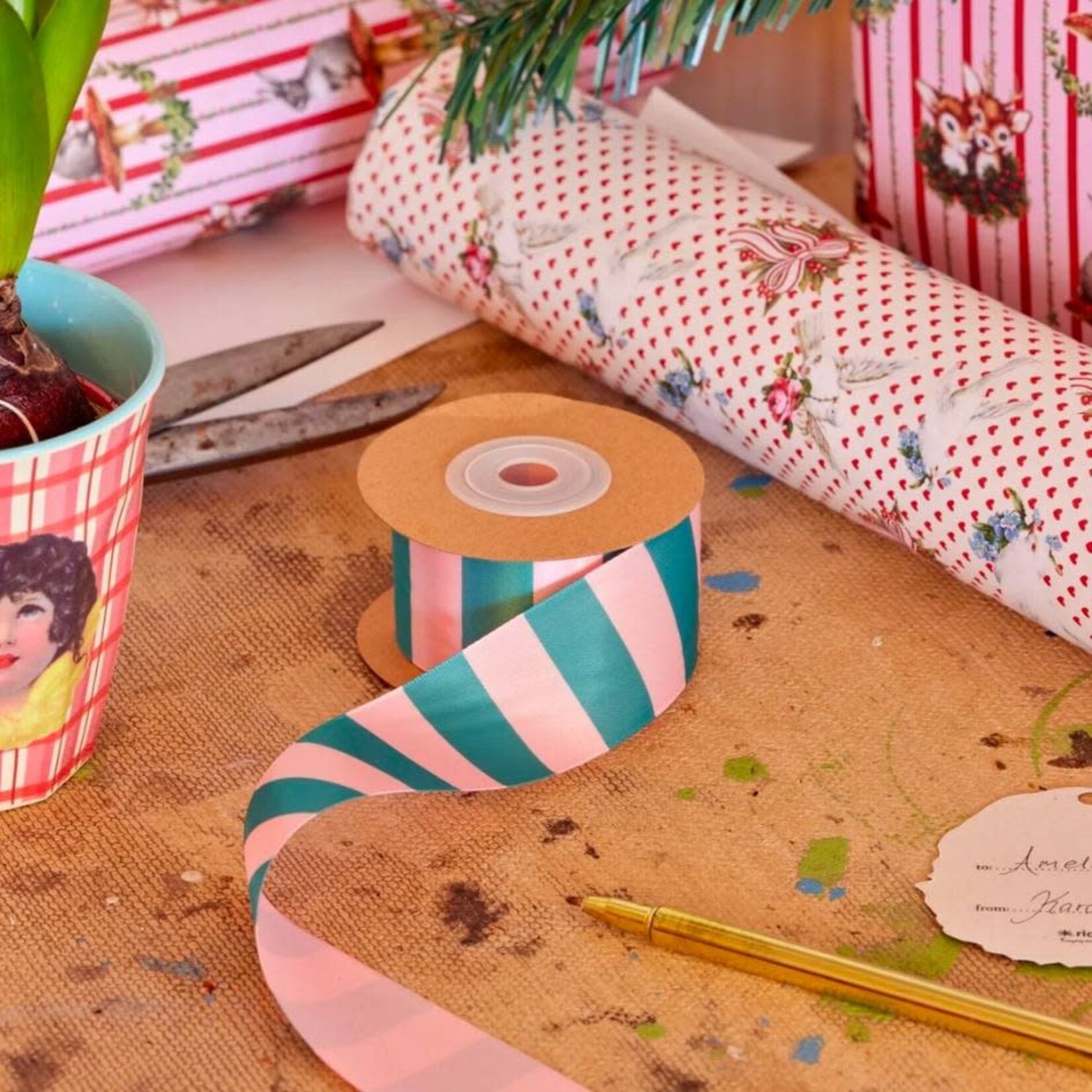 Satijnen lint, groen/ roze