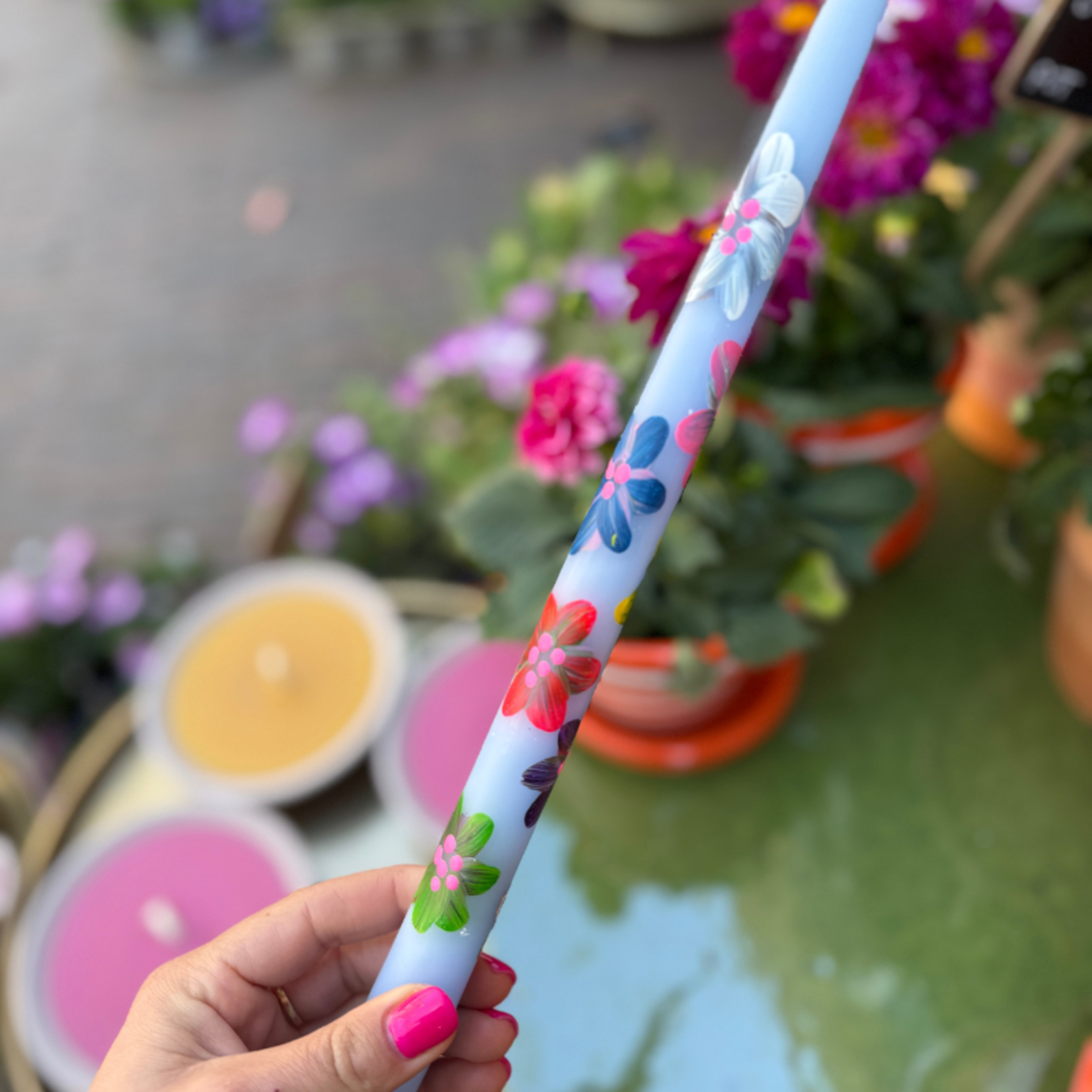 Kaars bloemen lang - blauw