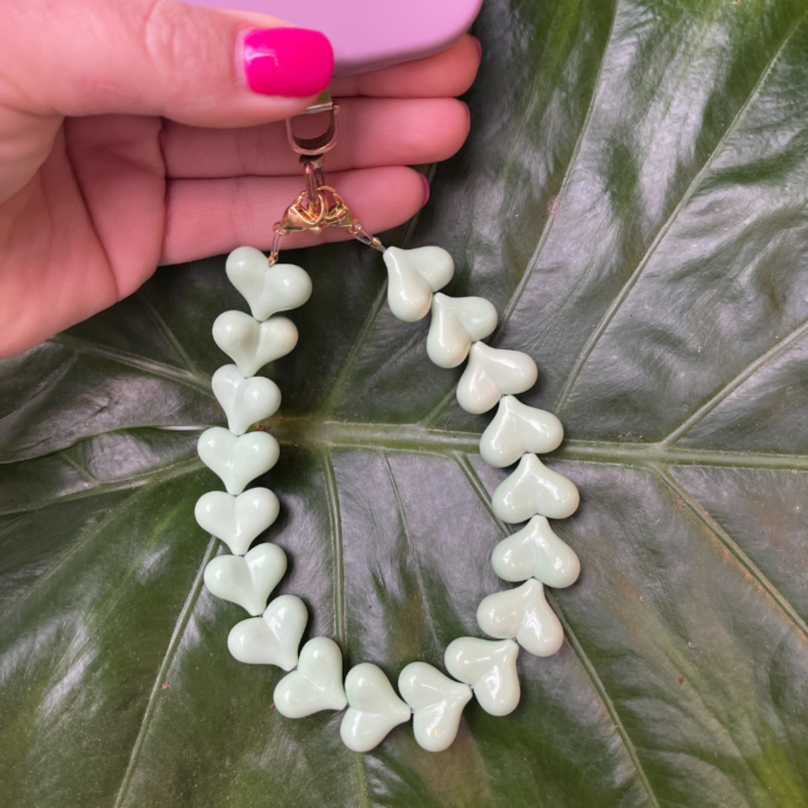 Telefoonkoord - hartjes, mint groen