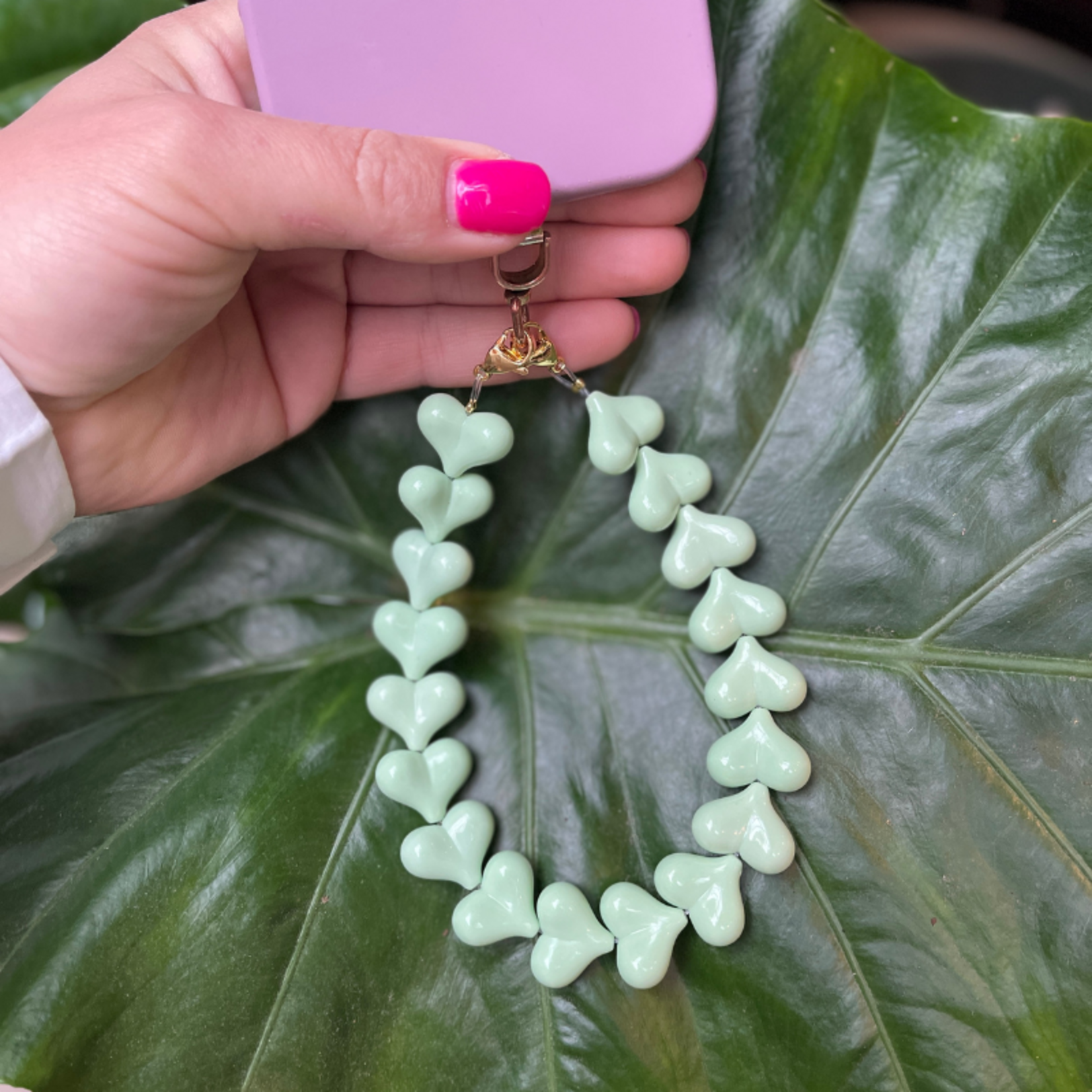 Telefoonkoord - hartjes, mint groen