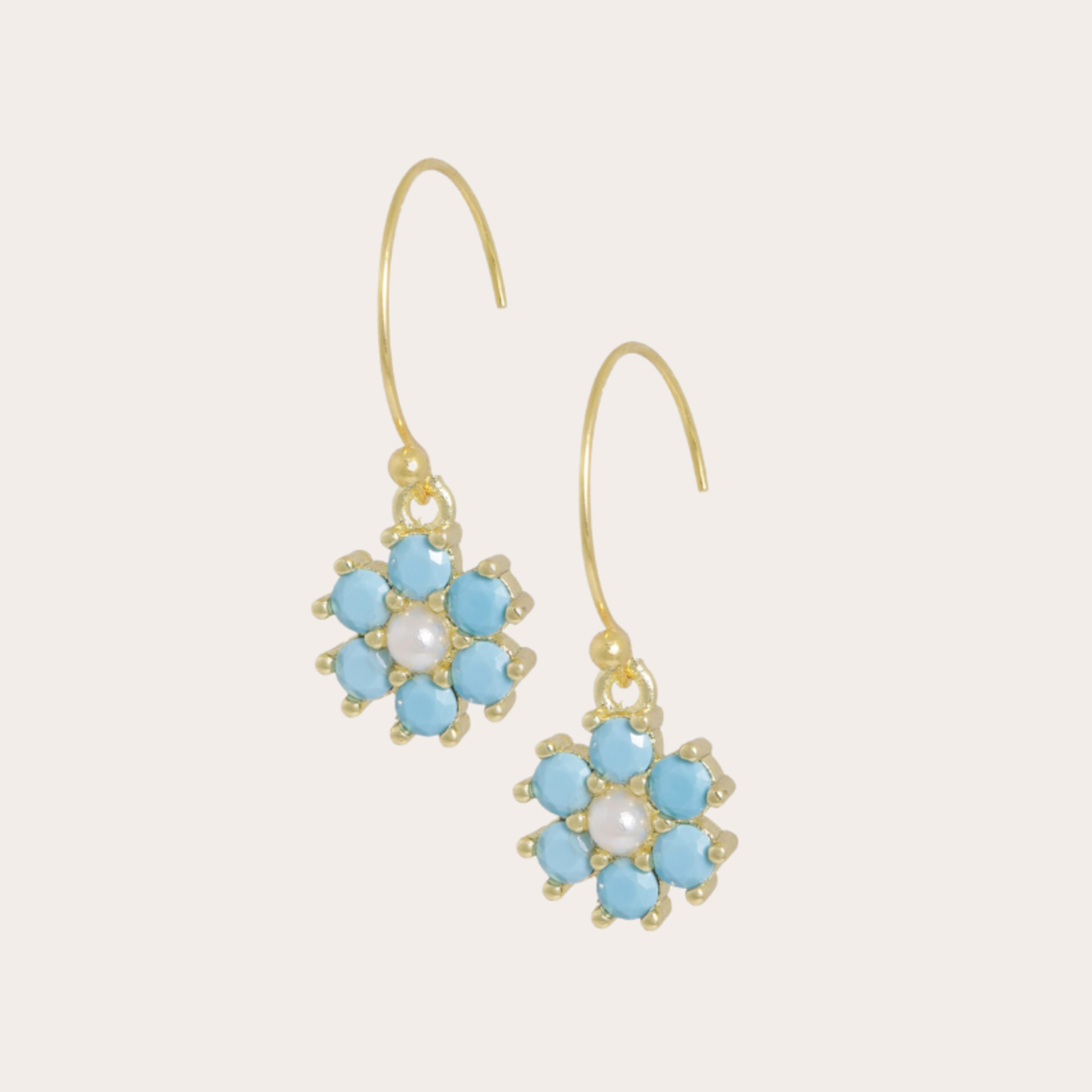 Vergulde oorbellen met pareltje en bloem turquoise (2cm)