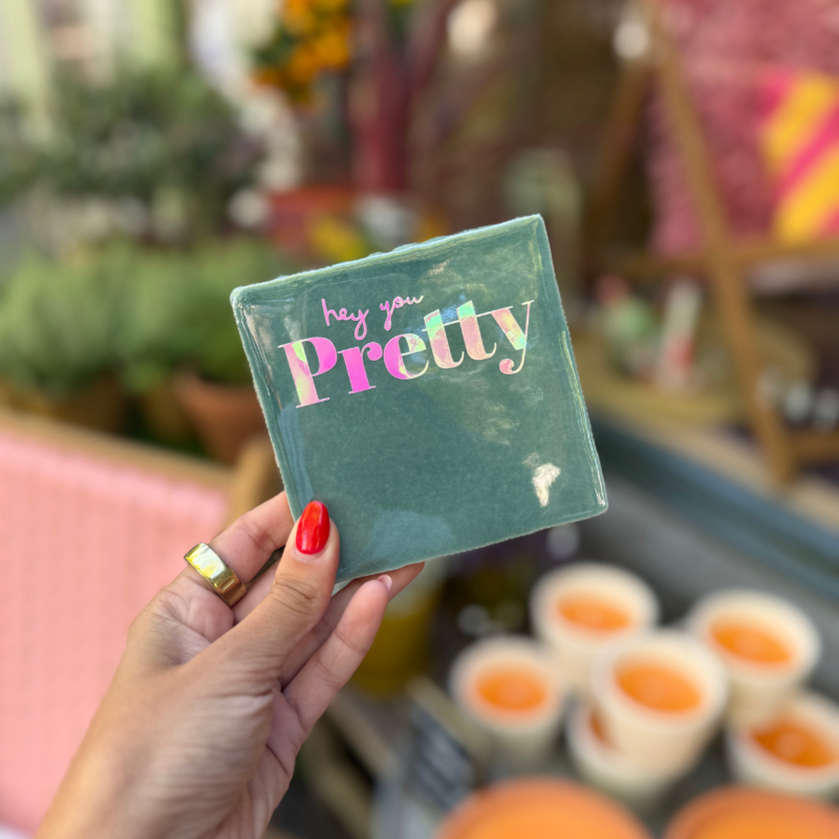 Tegeltje - Hey you pretty, blauw met holografisch