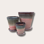 Geglazuurde pot met schotel/rand - Zacht roze/groen