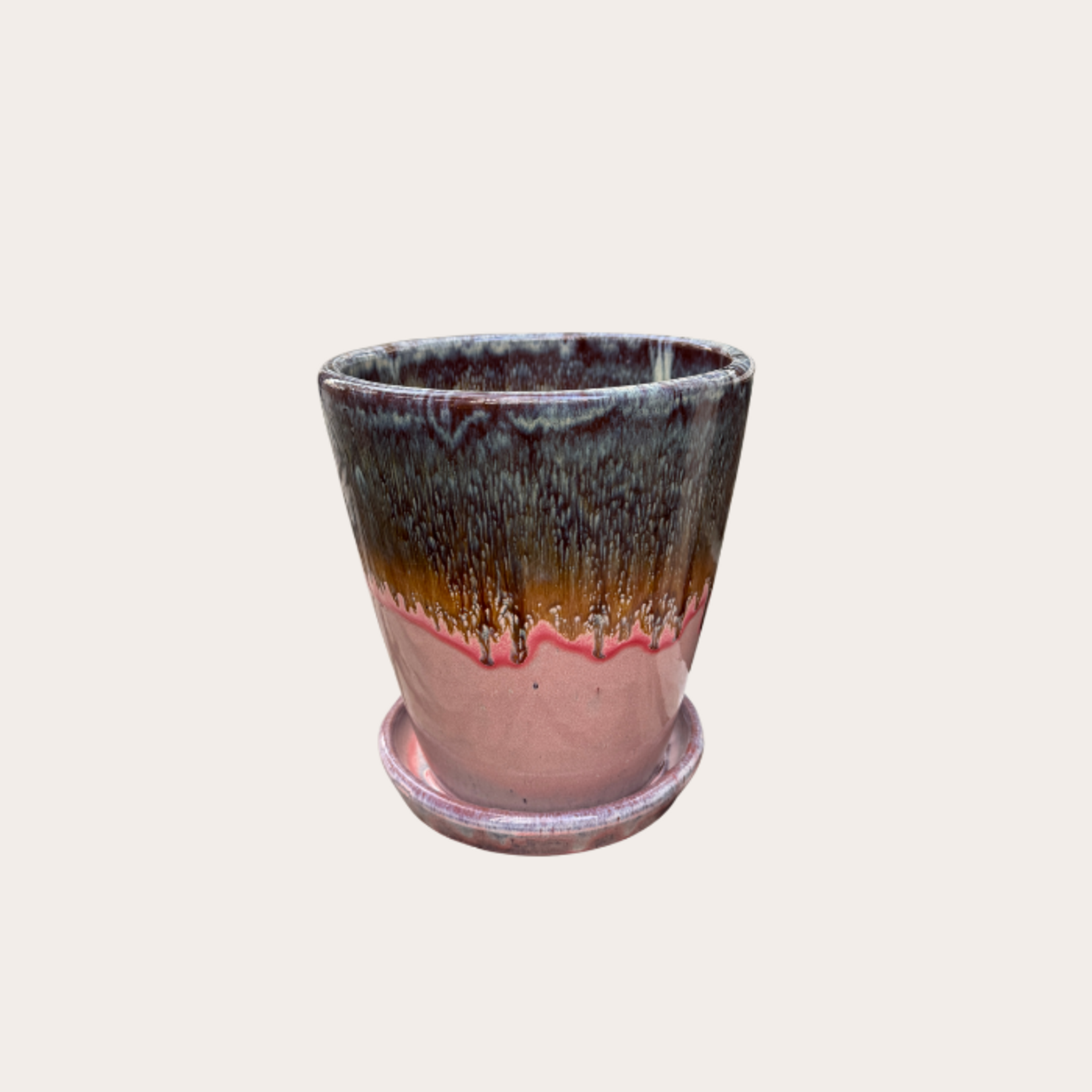Geglazuurde pot met schotel - roze/bruin  M