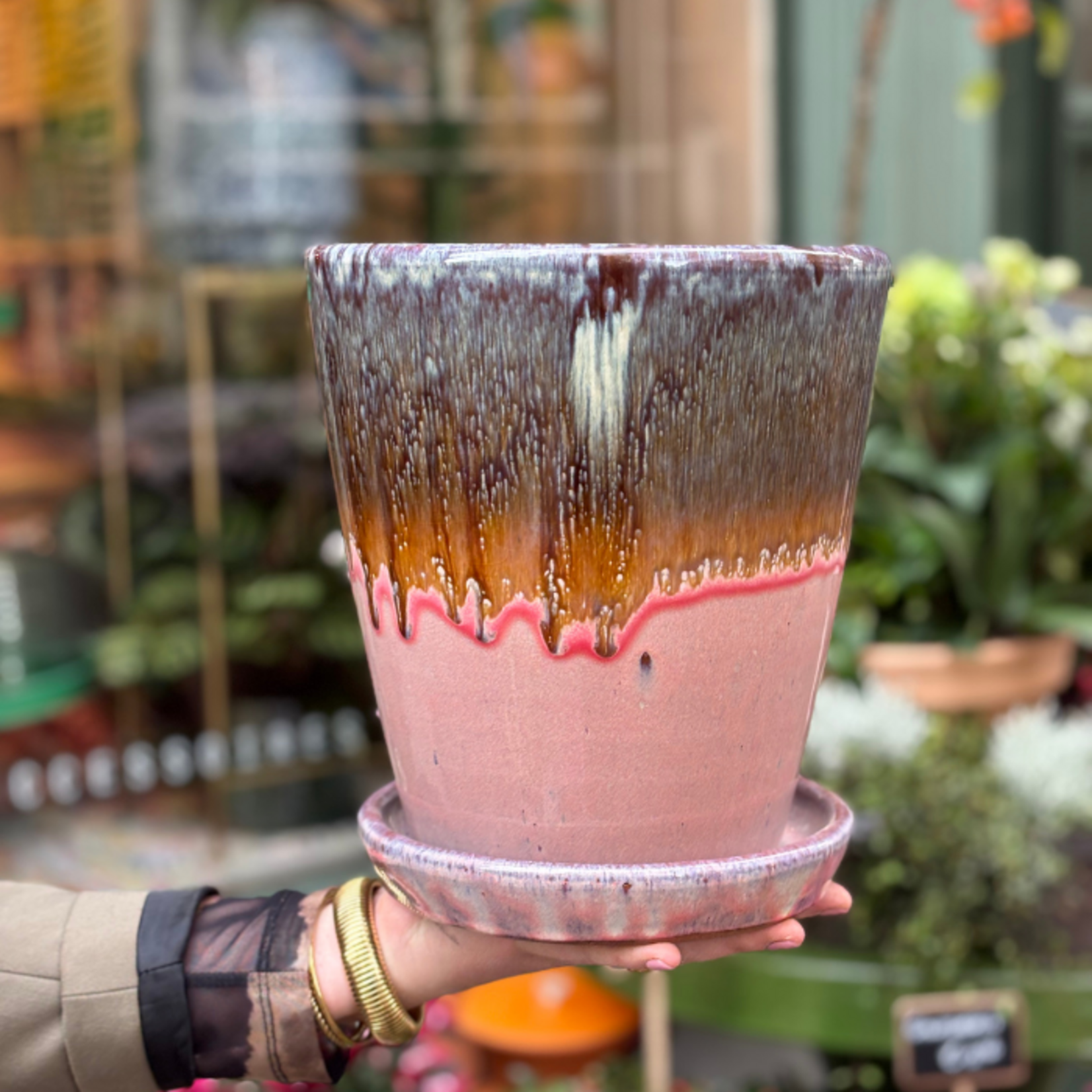 Geglazuurde pot met schotel - roze/bruin  M