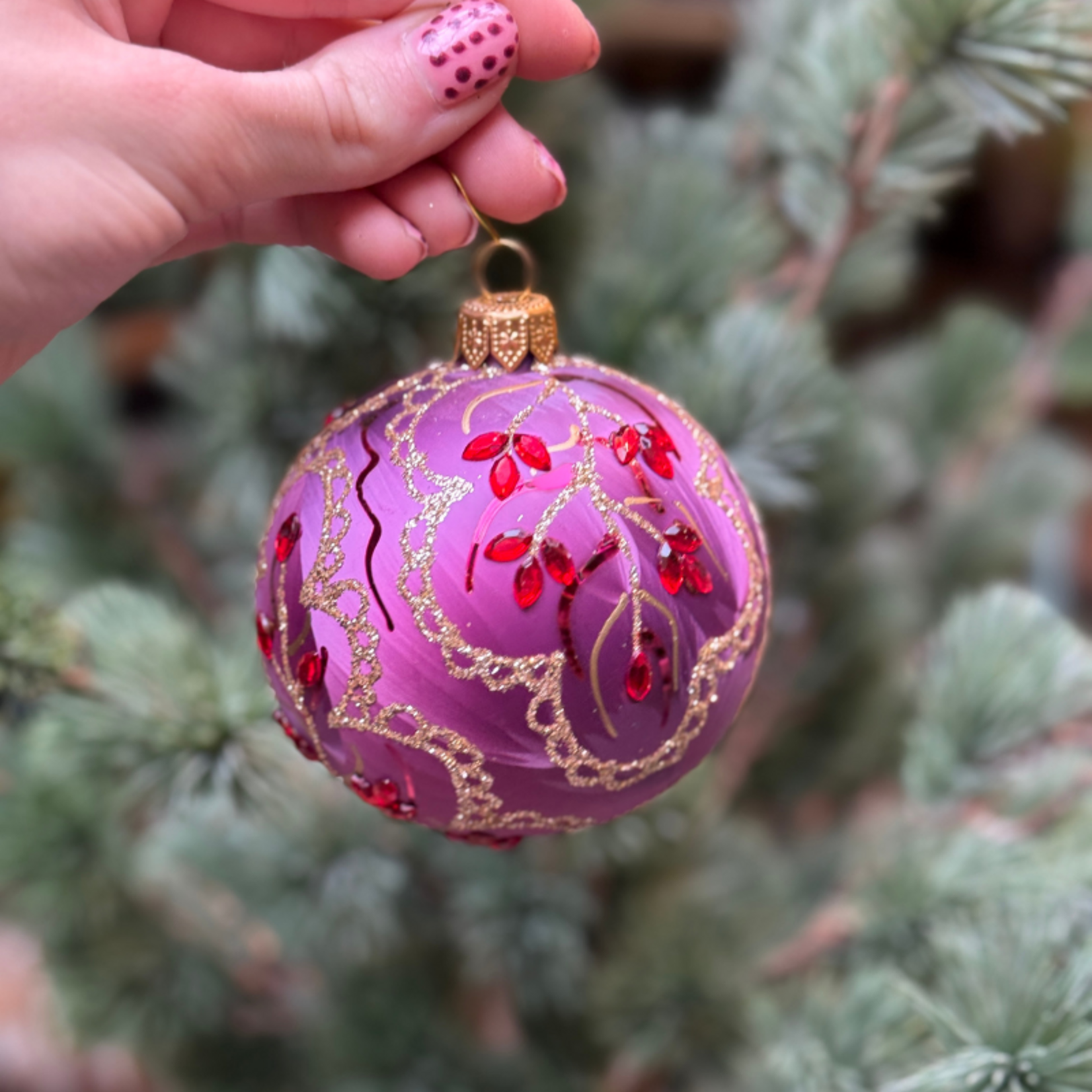 Kerstbal - Marina - Donker roze - Glitter
