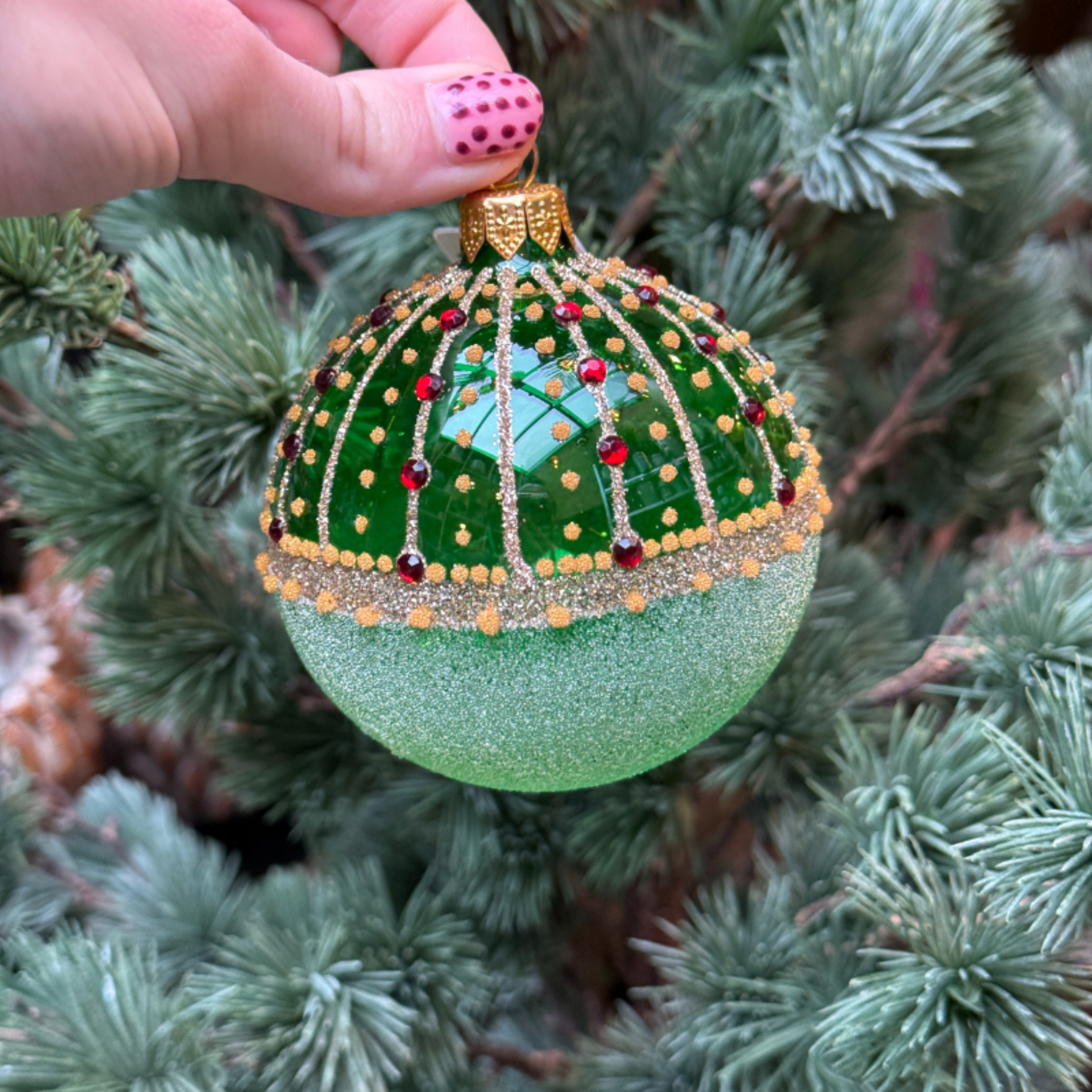 Kerstbal - 	Belle - Groen/rood - Glitter
