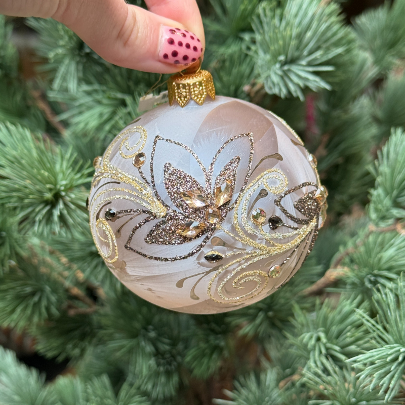 Kerstbal - Ivy - Taupe - Glitter