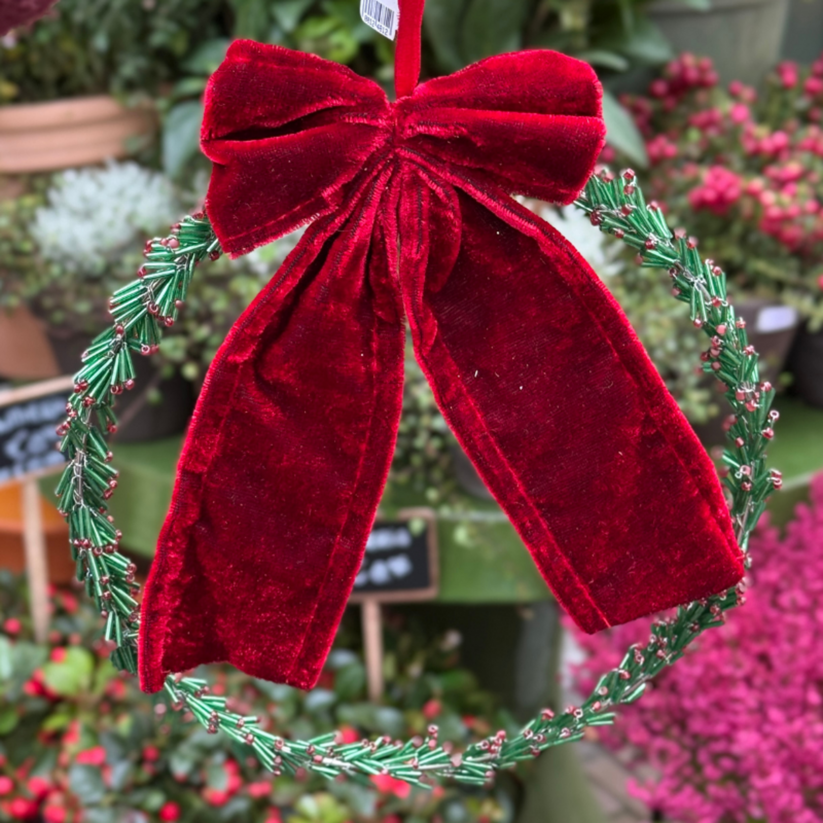 Ornament - Cirkel met strik - rood, groen