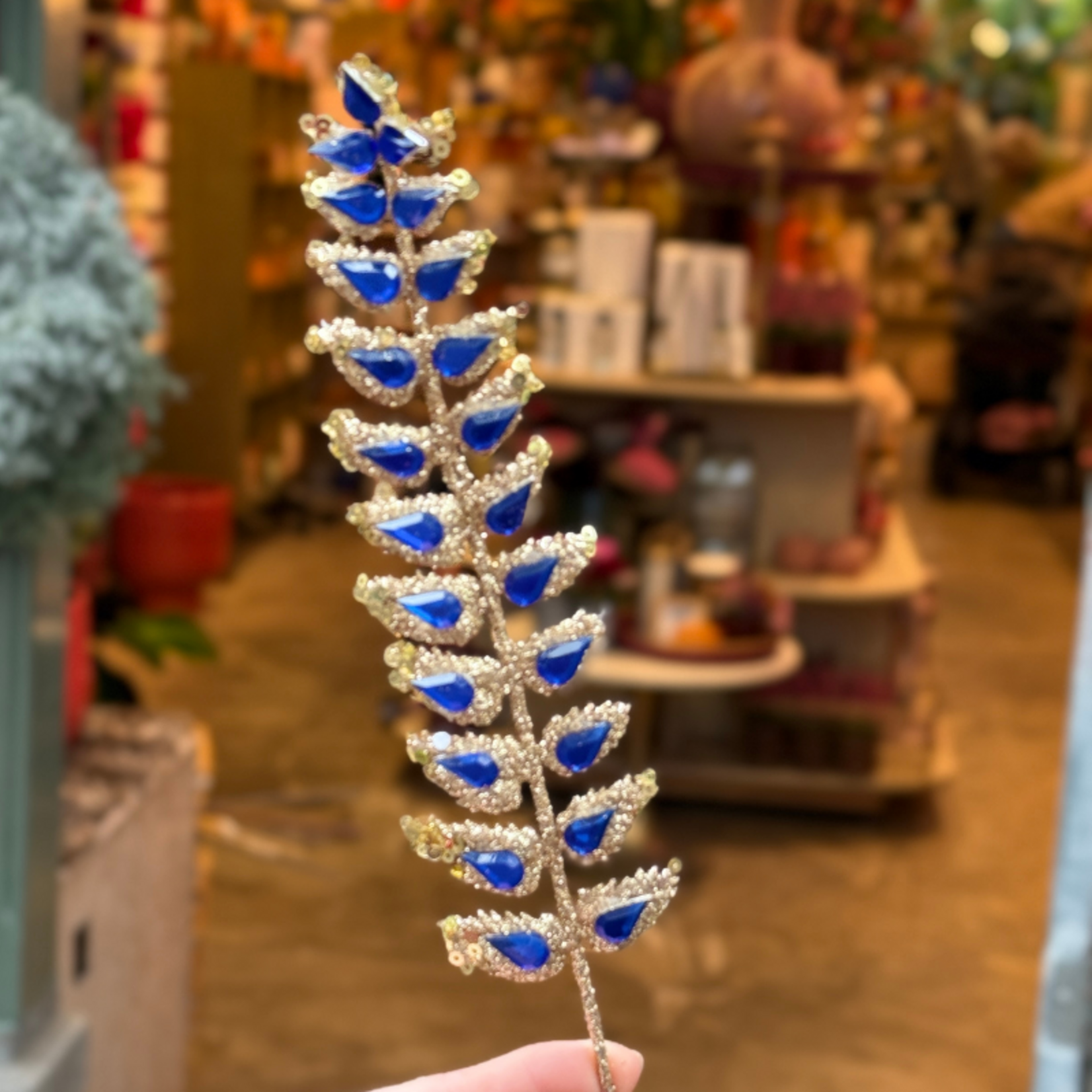 Zijden bloem - Varen - Blauw - Glitter