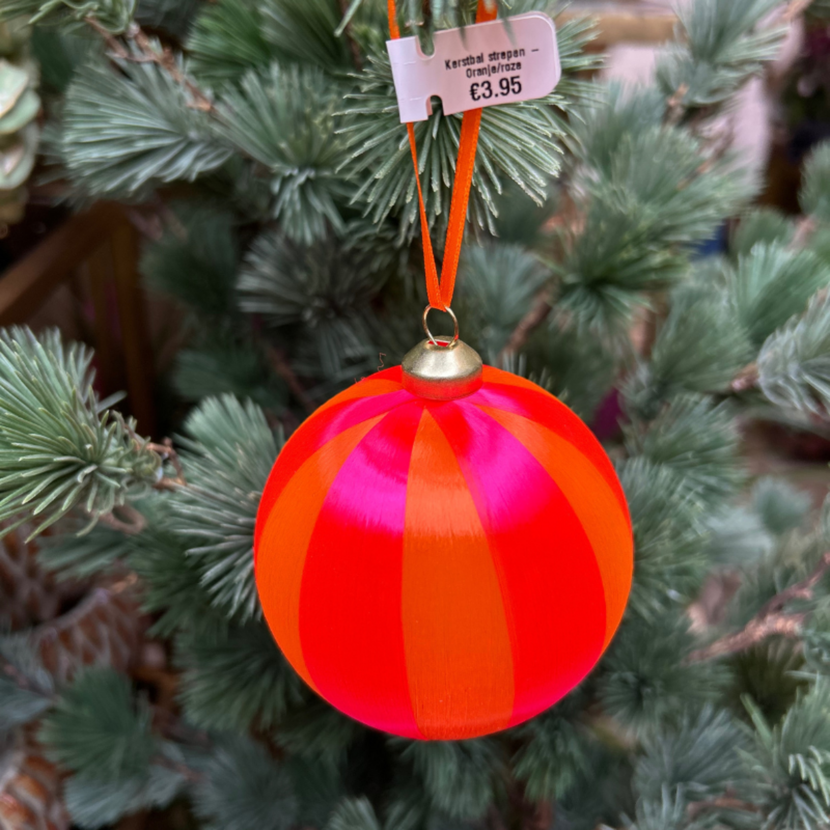 Kerstbal strepen - Oranje/roze