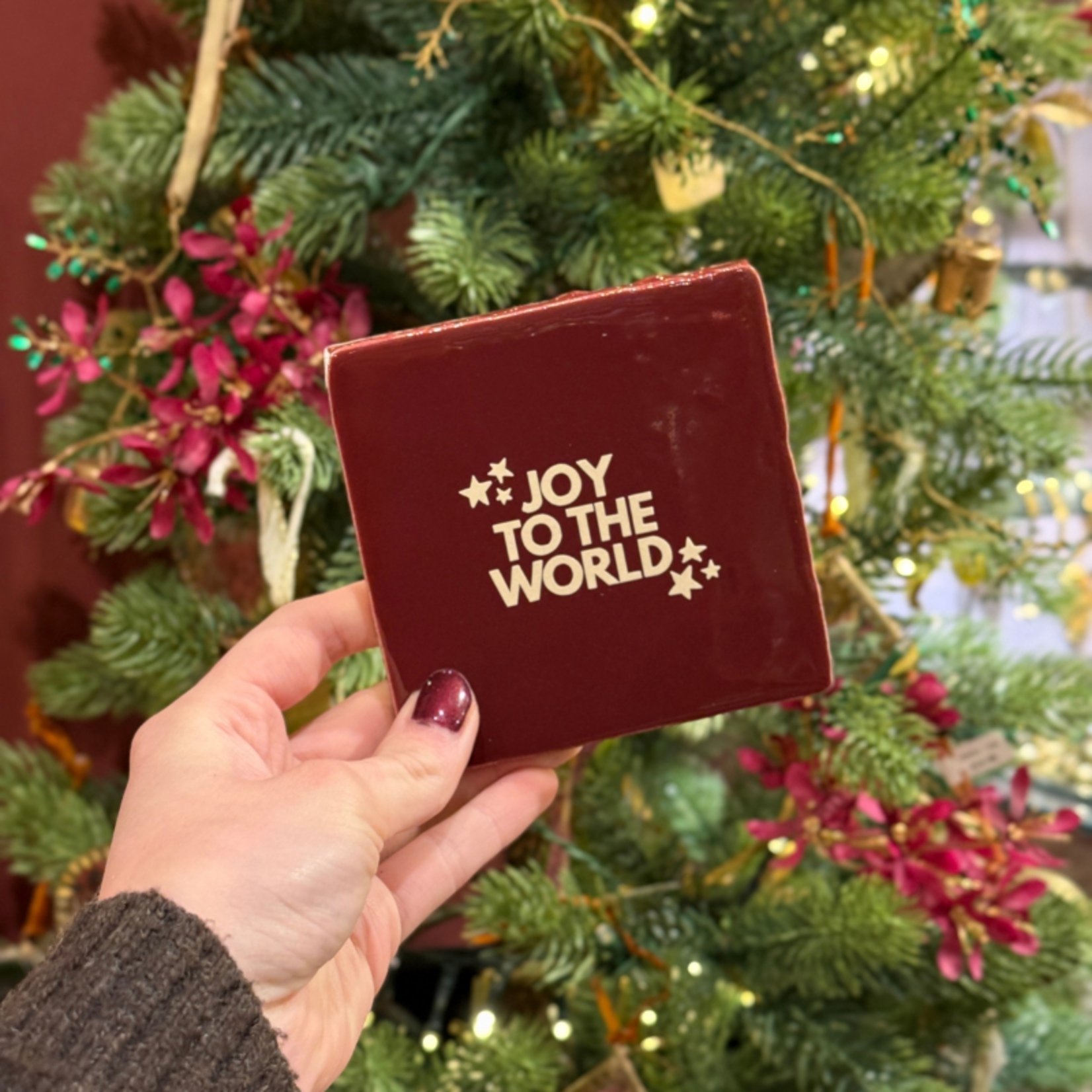 Tegeltje - Joy to the world - bordeaux, glitter