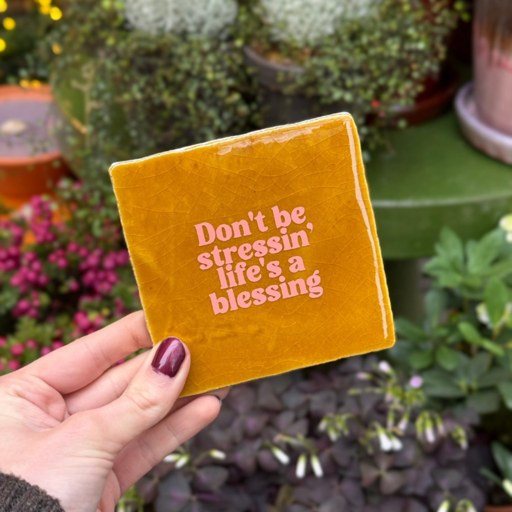 Tegeltje - Don't be stressin, life's a blessing - oker, zalm