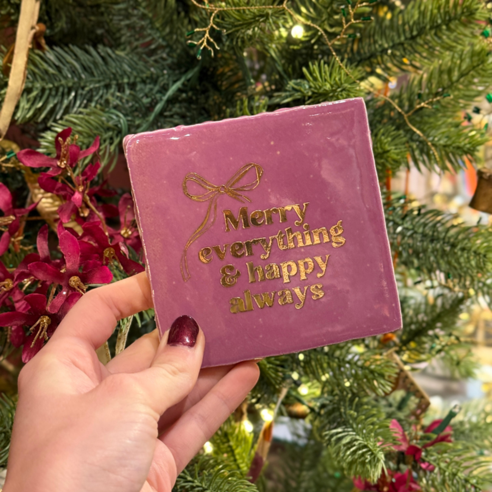 Tegeltje - Merry everything & happy always - paars, goud