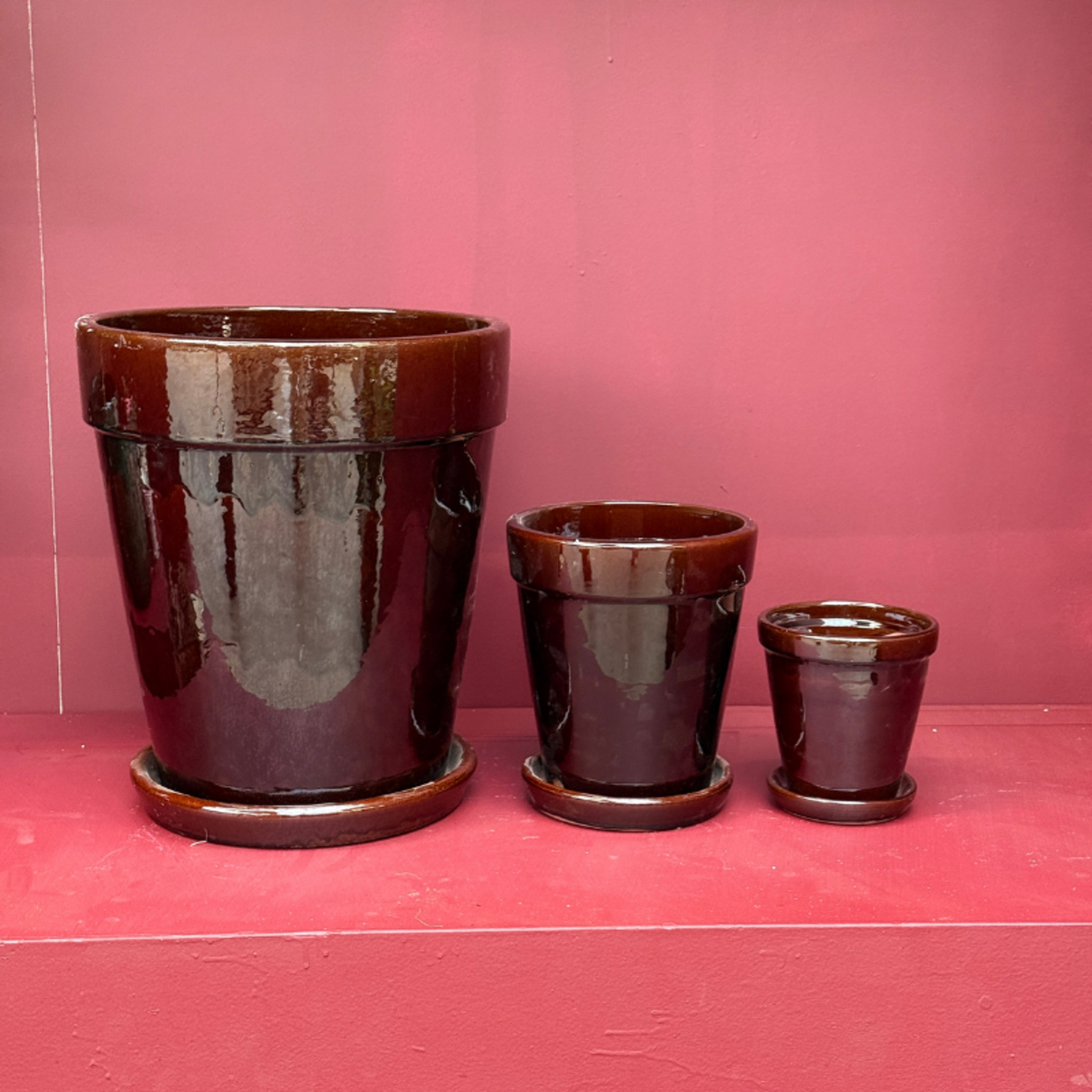 Geglazuurde pot met schotel/rand - Bruin