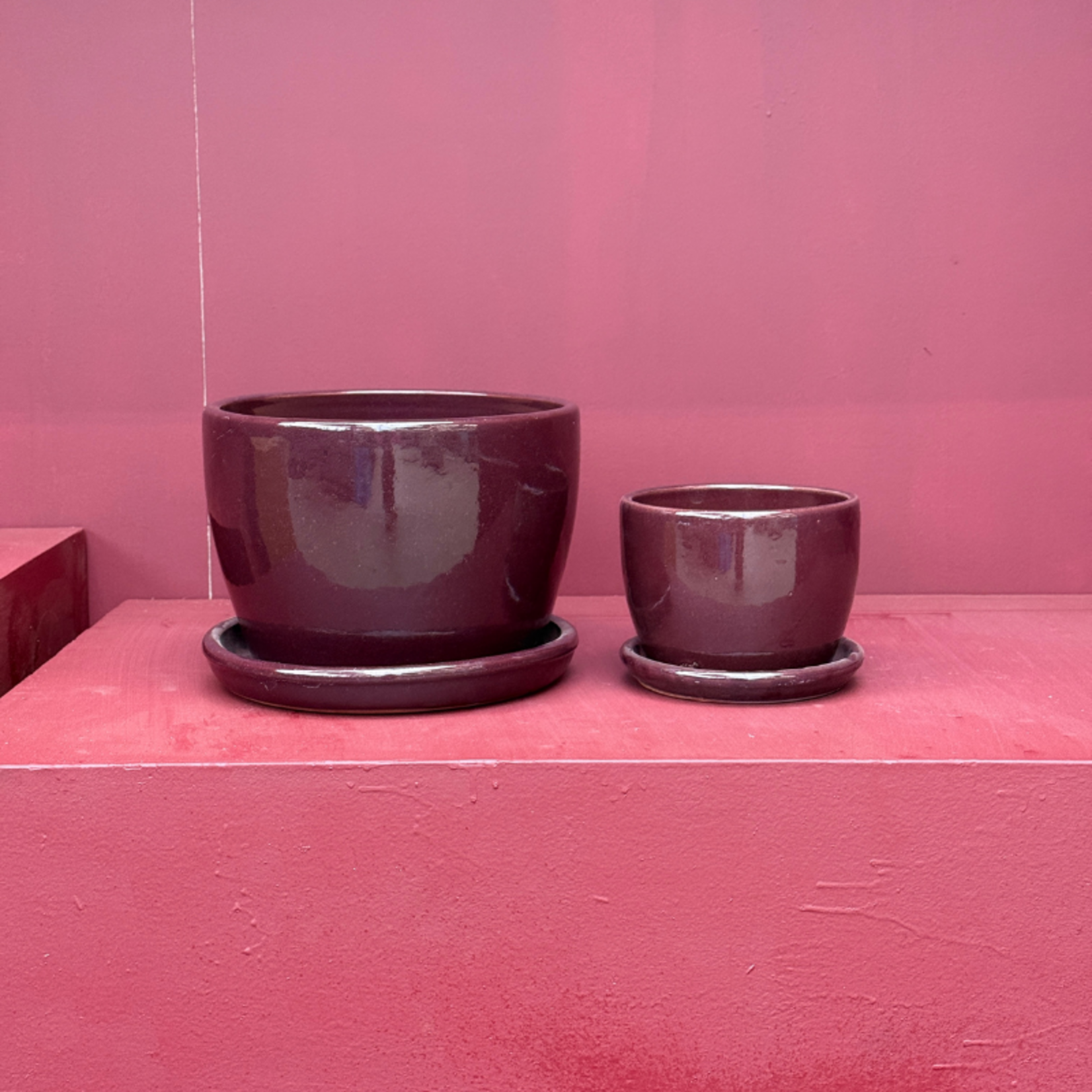 Geglazuurde pot met schotel - Bordeaux laag